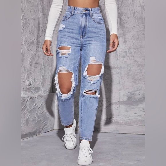 Denim - High waisted straight legged ripped mom jeans